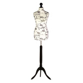 Display Guru Female Uk Size 10/12  Dressmakers Tailors Dummy Mannequin, Black Flower on Cream Torso Bust With Black wood Tripod Stand